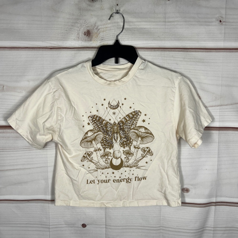House of Cotton Let Your Energy Flow Top Womens XS Cream Graphic Rhinestone Crop